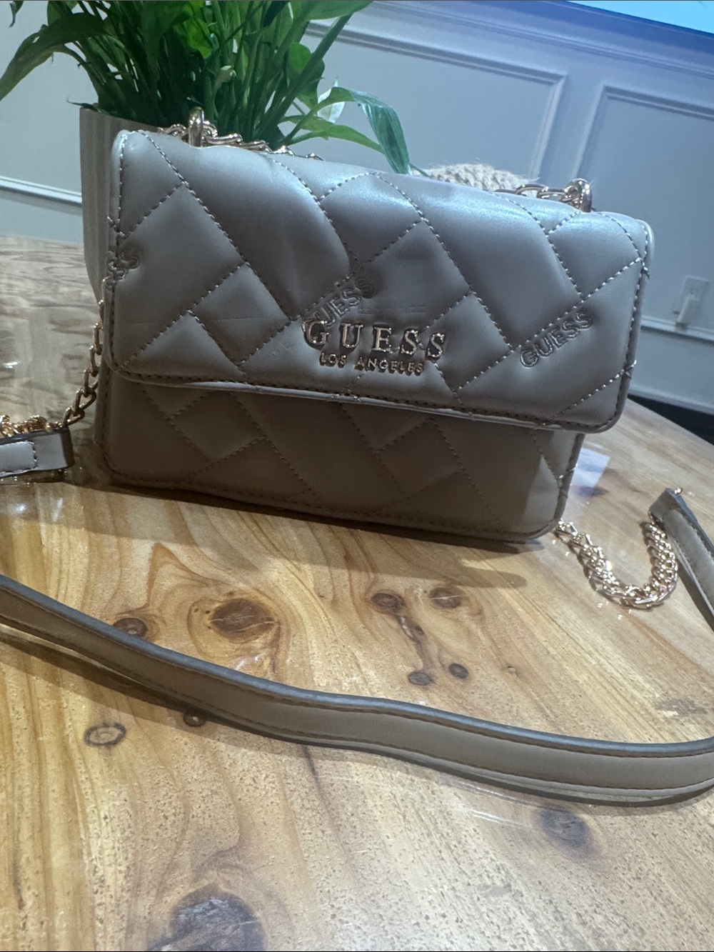 GUESS Quilted Crossbody Bag in Taupe with Gold Chain
